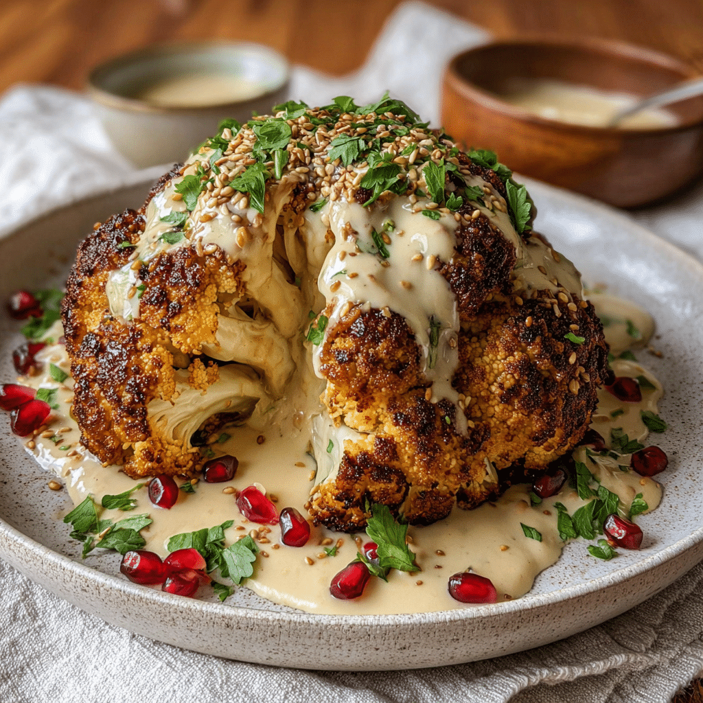 Whole Roasted Cauliflower with Maple Tahini