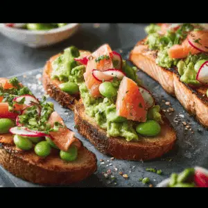 Grilled Salmon with Avocado Bruschetta