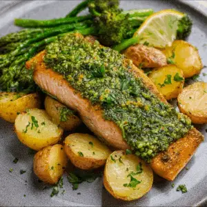 Pesto Salmon with Potatoes & Broccoli