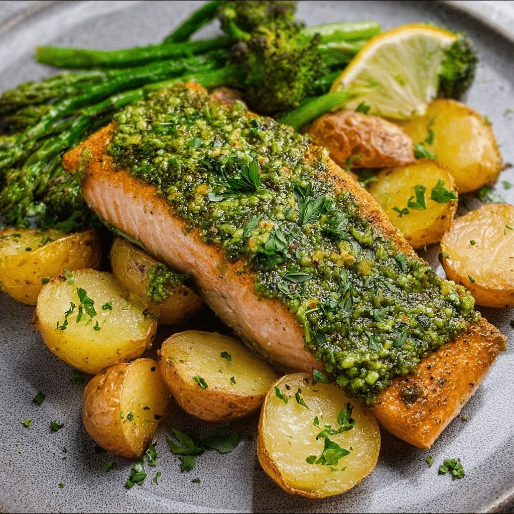 Pesto Salmon with Potatoes & Broccoli