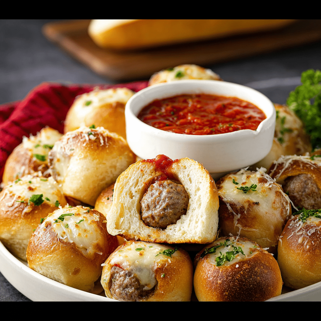 Meatball Sub Bites with Marinara Sauce