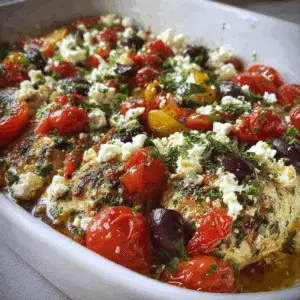 Greek Chicken Bake with Feta, Olives & Tomatoes