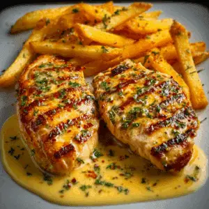 Chicken Fillet in Spicy, Creamy Garlic-Parmesan Sauce with Fries